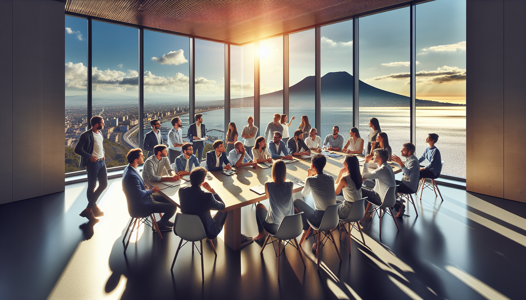 Un gruppo di imprenditori del Sud Italia è riunito in una sala conferenze moderna, mentre discutono animatamente di strategie di internazionalizzazione. Attraverso la grande finestra panoramica, si staglia il Vesuvio in lontananza, con il mare scintillante ai suoi piedi. La luce del sole illumina la scena, creando un'atmosfera di ispirazione e determinazione.