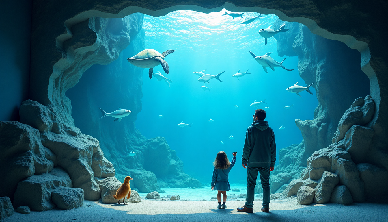 Un bambino e un adulto sono in piedi in una grotta sottomarina, tenendosi per mano e osservando gli squali e una tartaruga che nuotano sopra di loro. Una luce soffusa filtra all'interno, un pinguino è lì vicino, mentre i visori per la realtà virtuale e aumentata migliorano l'esperienza immersiva.