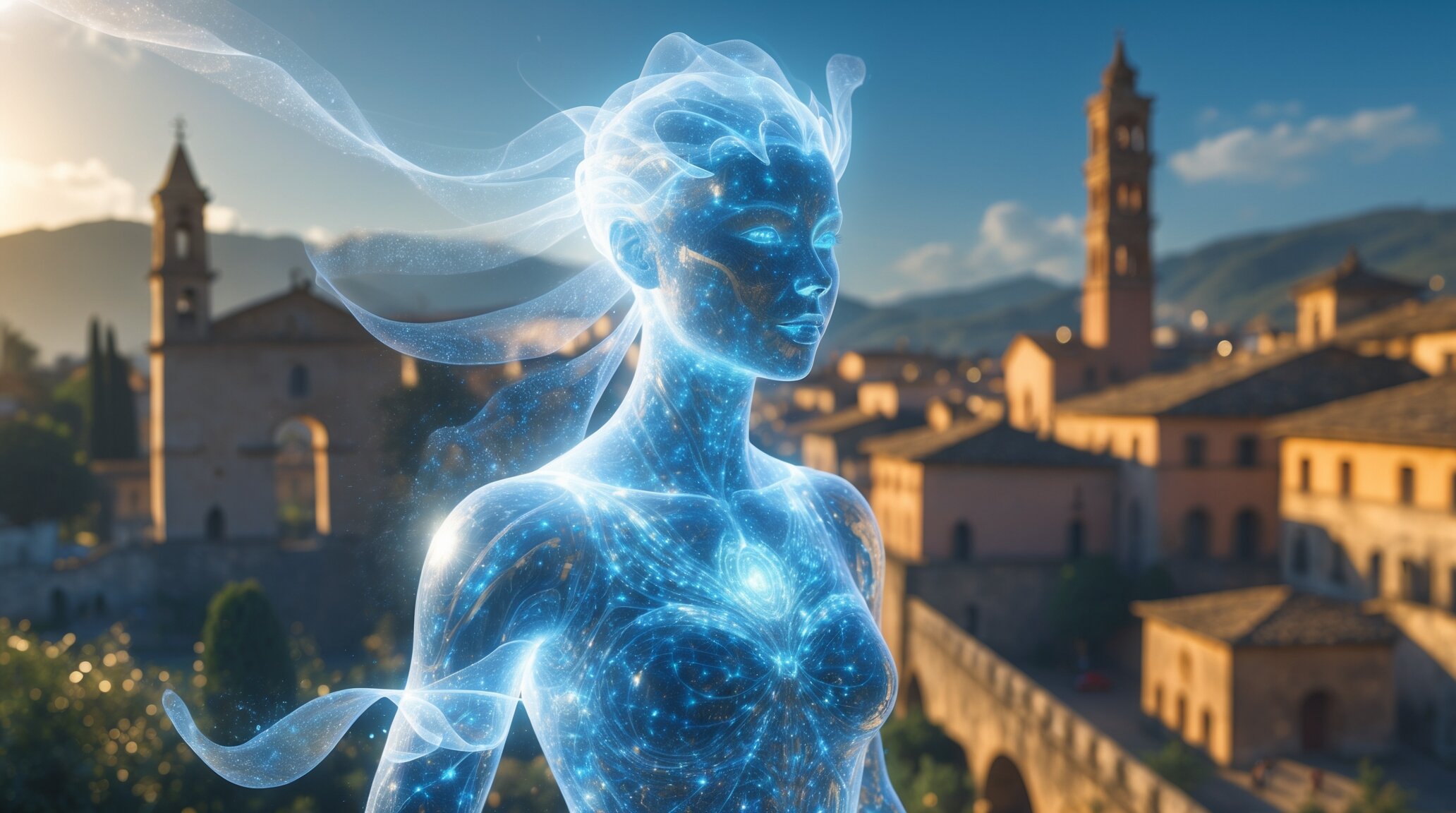 Una figura umanoide luminosa ed eterea, fatta di luce blu e stelle, si erge di fronte a un'antica città europea, a simboleggiare una guida alla trasformazione digitale dei beni culturali tra edifici in pietra, un alto campanile e montagne lontane sotto un cielo soleggiato.
