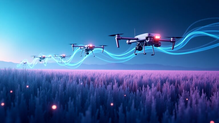 Droni dotati di telecamere sorvolano un campo coltivato al tramonto, emettendo luci rosse e librandosi sopra file ordinate di piante: un esempio di Intelligenza Artificiale in Agricoltura e agricoltura di precisione in azione