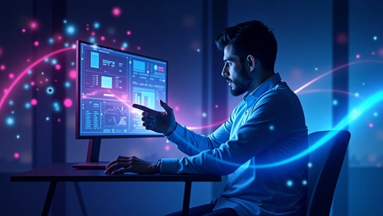 Un uomo è seduto alla scrivania e interagisce con le visualizzazioni di dati sul monitor di un computer, sfruttando l'intelligenza artificiale per il marketing sui social media, circondato da effetti di luce digitale colorati in una stanza buia.