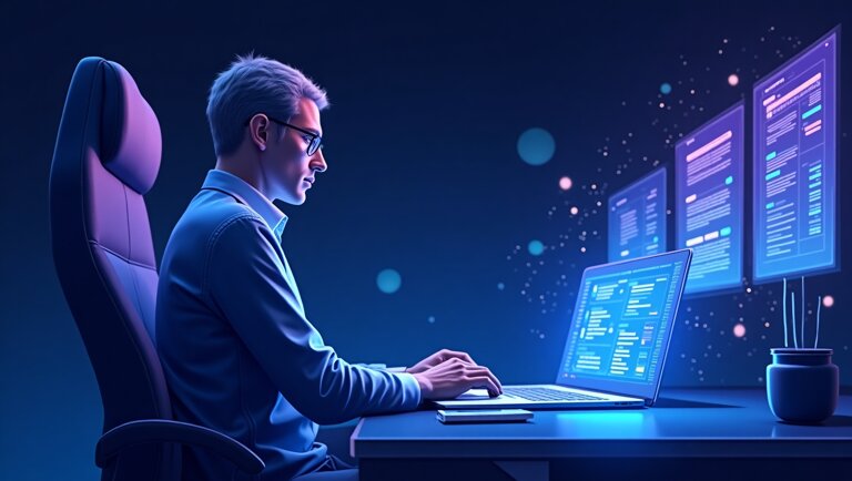 Un uomo è seduto a una scrivania e sta scrivendo su un computer portatile, mentre tre grandi monitor sospesi mostrano il codice relativo a Come usare Midjourney per creare immagini in uno spazio di lavoro moderno e scarsamente illuminato.