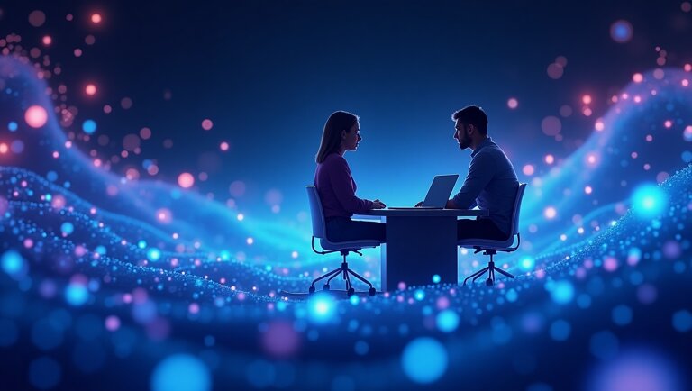 Due persone siedono una di fronte all'altra a un tavolo con un computer portatile, immerse nell' Intelligenza Artificiale per le Vendite circondate da onde digitali astratte blu e rosa e punti luminosi.
