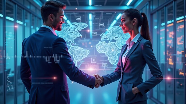 Due professionisti in giacca e cravatta si stringono la mano in un ufficio moderno, confermando la Partnership Commerciali. Vi sono mappe digitali del mondo e grafici di dati visualizzati su schermi di vetro alle loro spalle.