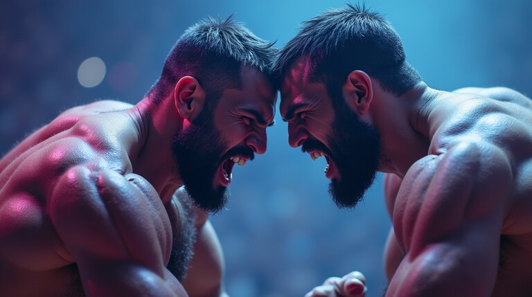 Due uomini muscolosi con la barba uniscono le fronti e gridano intensamente, illuminati da luci spettacolari in un contesto competitivo, incarnando lo spirito feroce dell'inflessibile Analisi dei Competitor.