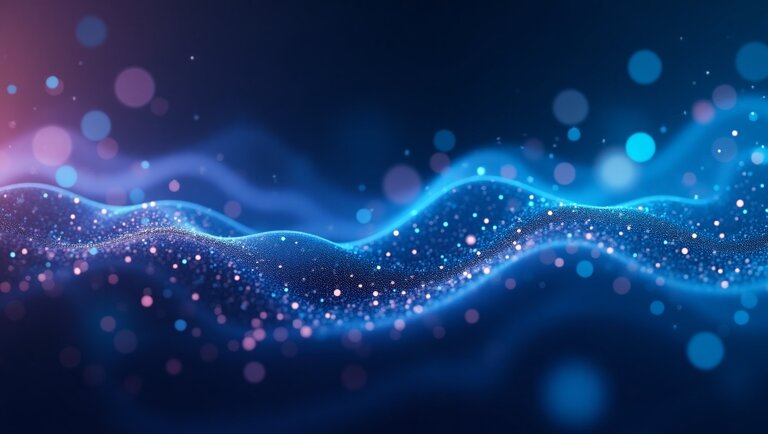 Illustrazione digitale astratta di particelle blu e rosa luminose che formano linee ondulate su uno sfondo scuro, evocando un paesaggio futuristico ispirato all'Intelligenza Artificiale e ai Big Data.