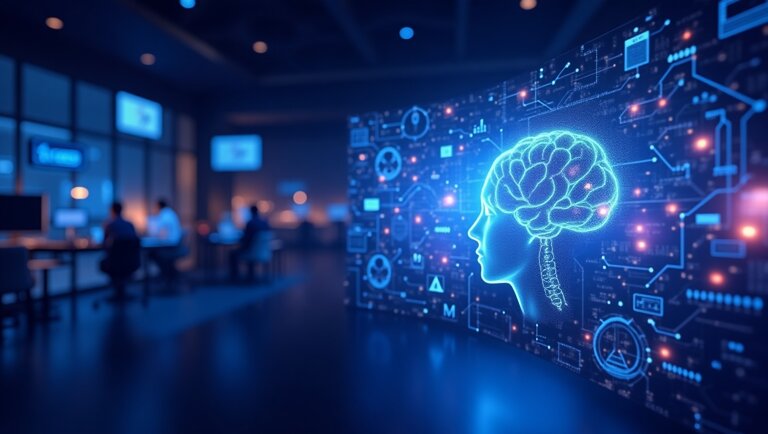 Illustrazione digitale di una testa umana con cervello e circuiti elettronici, simbolo dell'Intelligenza Artificiale per la Finanza, visualizzata su un grande schermo in un ufficio moderno con persone che lavorano sullo sfondo.