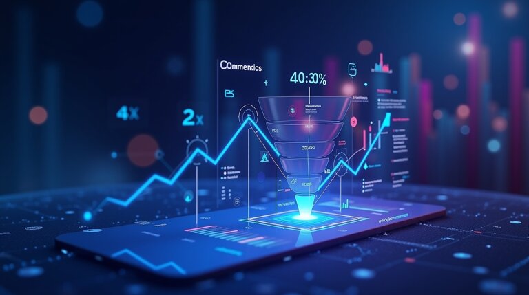 Illustrazione digitale di uno smartphone che mostra diagrammi di dati, diagrammi e un diagramma a imbuto, che rappresentano analisi dei dati e metriche di crescita aziendale con Migliore AI per la ricerca accademica.