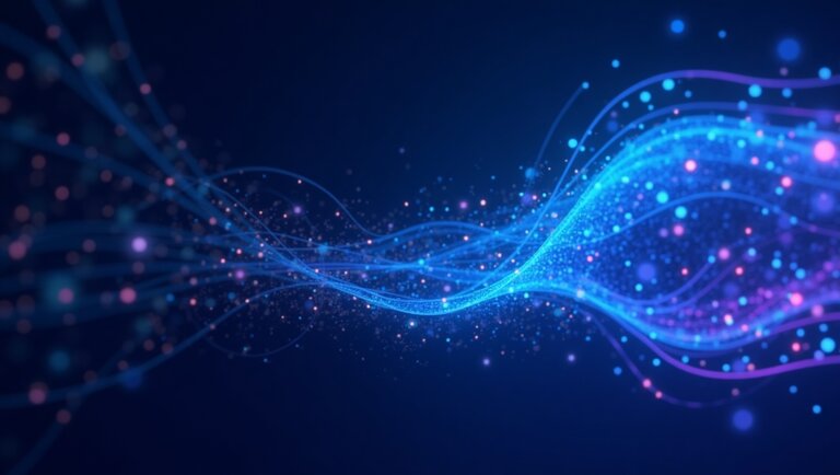Immagine digitale astratta di scie luminose blu e viola che scorrono su uno sfondo scuro, con particelle luminose sparse che evocano l'energia dinamica di strumenti di intelligenza artificiale per l'analisi dei dati aziendali.