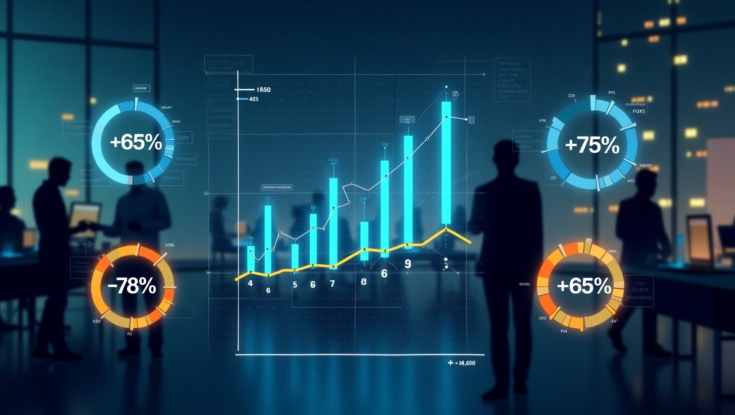 Imprenditori in controluce sono in piedi attorno a uno schermo digitale su cui vengono mostrati grafici a barre e a linee con diagrammi percentuali circolari, evidenziando l'impatto dell'automazione robotica dei processi in un ambiente d'ufficio moderno.