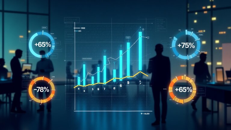 Imprenditori in controluce sono in piedi attorno a uno schermo digitale su cui vengono mostrati grafici a barre e a linee con diagrammi percentuali circolari, evidenziando l'impatto dell'automazione robotica dei processi in un ambiente d'ufficio moderno.