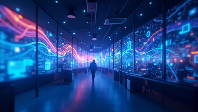 Una persona cammina lungo un corridoio fiancheggiato da grandi schermi digitali che mostrano visualizzazioni di dati colorate e grafici di rete, evidenziando l'impatto dell'intelligenza artificiale nel retail, commercio al dettaglio.