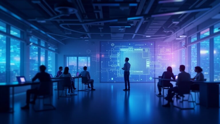 Le persone in un ufficio moderno guardano una presentazione sulle strategie di marketing con progetti digitali visualizzati su un grande schermo in una sala altamente tecnologica con vista sulla città, esplorando come trovare nuovi clienti.