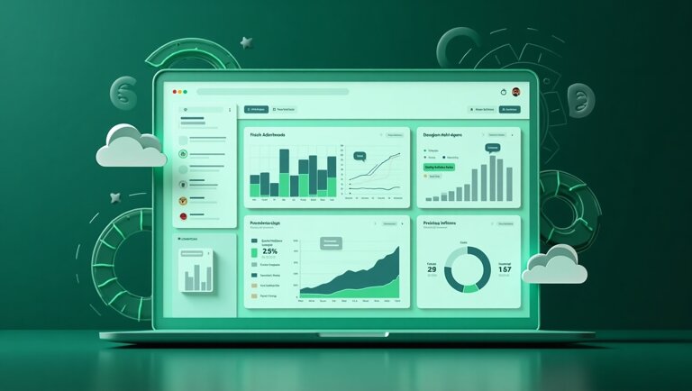 Lo schermo di un laptop mostra una dashboard con vari diagrammi, tabelle e visualizzazioni di dati su uno sfondo verde, evidenziando il funzionamento dell'API di WhatsApp Business, con icone a forma di nuvola e ingranaggio che circondano i bordi.