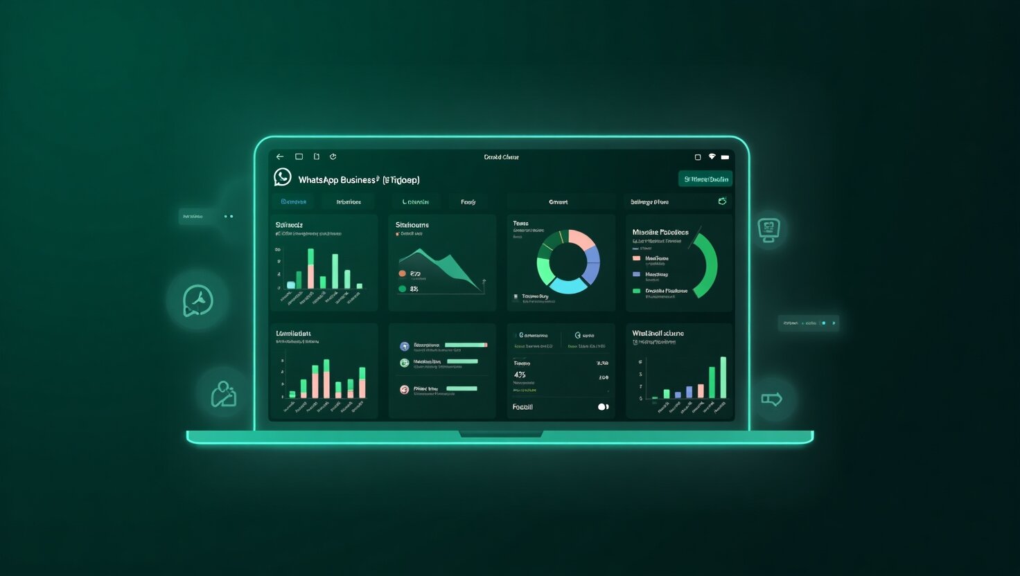Lo schermo di un laptop mostra una dashboard di analisi a tema scuro con diagrammi, grafici e diagrammi circolari per la visualizzazione dei dati, che illustrano come funziona l'API di WhatsApp Business per il monitoraggio delle conversazioni aziendali.