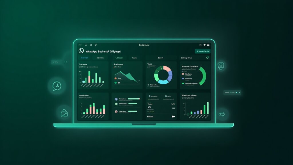 Lo schermo di un laptop mostra una dashboard di analisi a tema scuro con diagrammi, grafici e diagrammi circolari per la visualizzazione dei dati, che illustrano come funziona l'API di WhatsApp Business per il monitoraggio delle conversazioni aziendali.