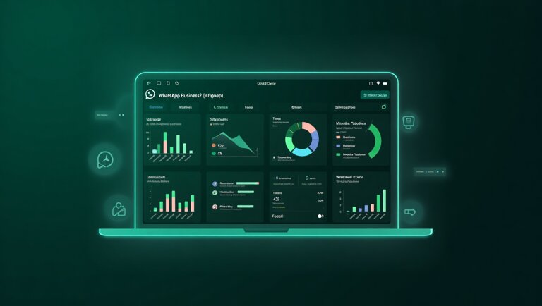 Lo schermo di un laptop mostra una dashboard di analisi a tema scuro con diagrammi, grafici e diagrammi circolari per la visualizzazione dei dati, che illustrano come funziona l'API di WhatsApp Business per il monitoraggio delle conversazioni aziendali.