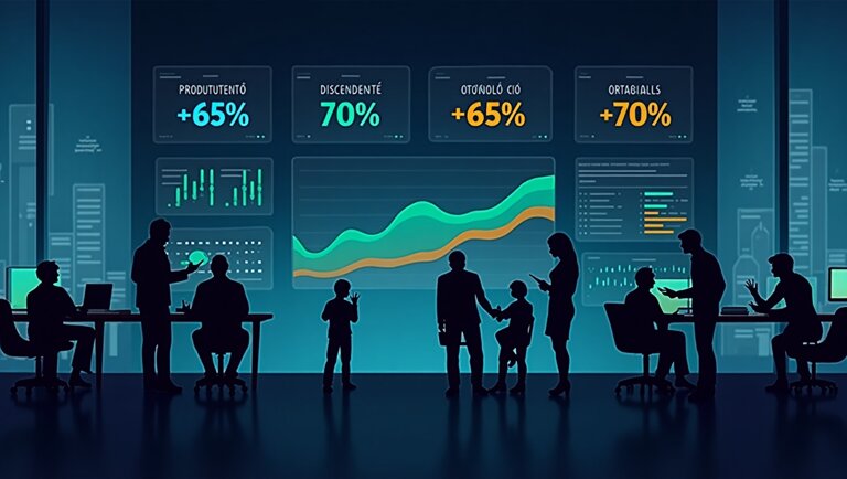 Persone in controluce lavorano e interagiscono di fronte a grandi schermi digitali che mostrano grafici e diagrammi, riflettendo l'analisi dei dati, le metriche delle prestazioni aziendali e l'impatto dell'RPA nell'automazione dei processi aziendali.