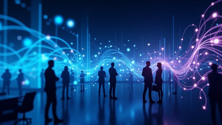 Persone in silhouette sono in piedi in un ambiente digitale moderno, con motivi di luce blu e viola che suggeriscono dati, connettività e innovativi canali di vendita.