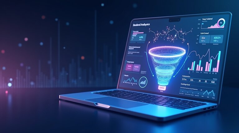 Un computer portatile visualizza dashboard di analisi dei dati con diagrammi, diagrammi e un funnel di vendita digitale, evidenziando analisi aziendali o di marketing e affrontando problemi di conversione nelle vendite.