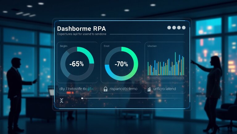 Un cruscotto digitale con grafici circolari di avanzamento e un grafico a barre illustra l'automazione dei processi aziendali (RPA), mentre tre persone in controluce discutono di automazione dei processi aziendali in un ufficio di notte.