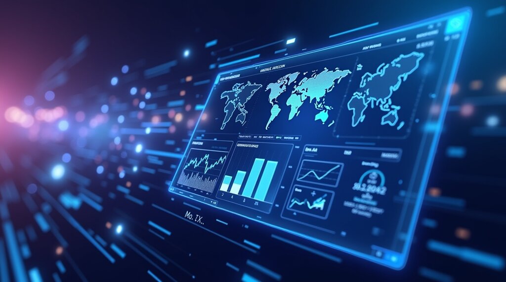 Un cruscotto digitale mostra una mappa del mondo, grafici a barre, grafici a linee e analisi dei dati forniti da Gemini per analisi di dati complessi su uno schermo futuristico con effetti luminosi e linee di dati astratte.