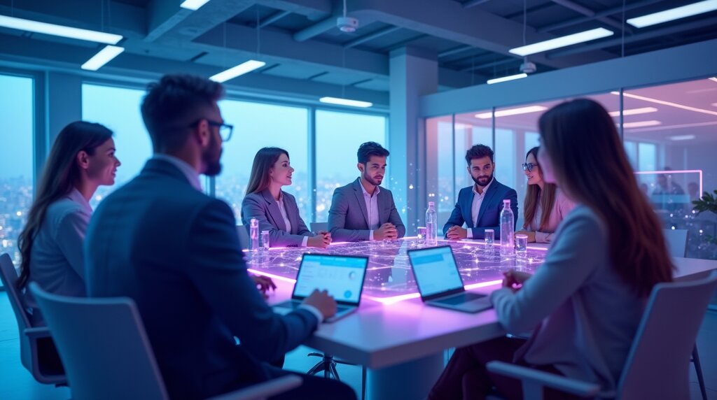 Un gruppo di professionisti in abiti da ufficio è seduto attorno a un tavolo da conferenza con computer portatili e documenti, impegnati in una riunione di networking in un ufficio moderno con ampie finestre.