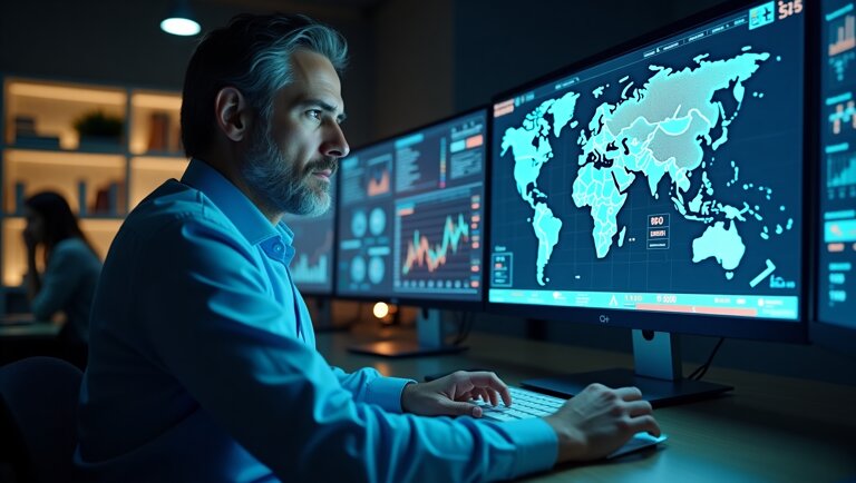 Un manager lavora a una scrivania dotata di piรน monitor su cui vengono visualizzate mappe del mondo, grafici digitali e analisi dei dati esportati, in un ambiente d'ufficio scarsamente illuminato.