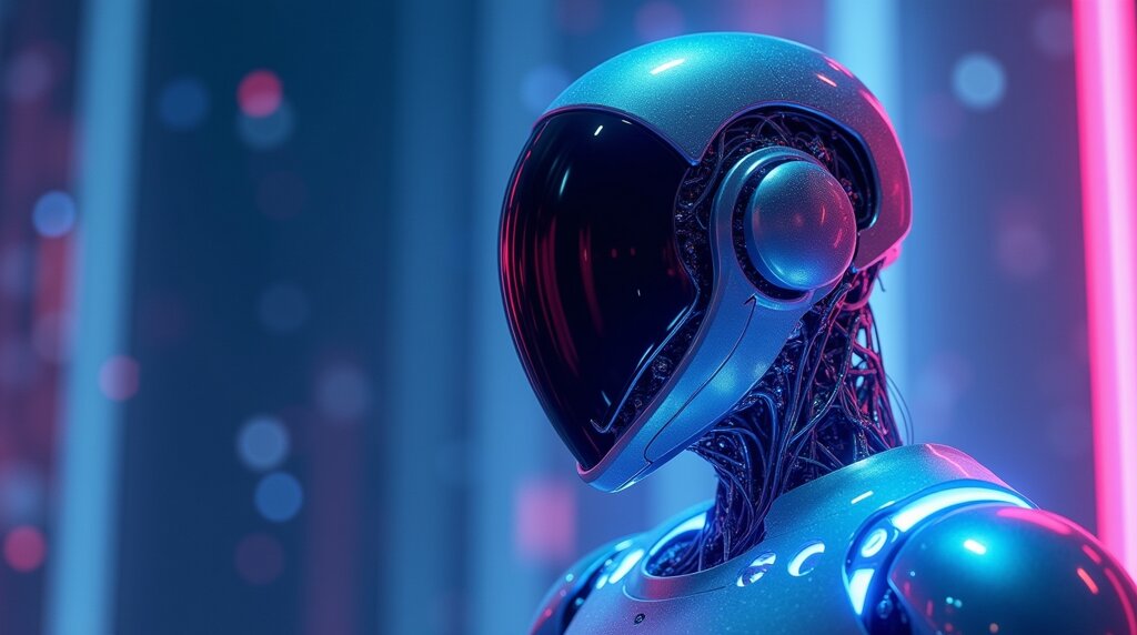 Un robot umanoide con un casco liscio e riflettente e cavi interni visibili si trova in un ambiente futuristico illuminato al neon: l'ispirazione perfetta per Leonardo Ai per videogiochi.