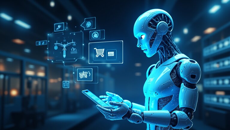 Caso Studio: Chatbot E-commerce - Come Abbiamo Rivoluzionato l'Assistenza Clienti e Aumentato le Vendite Un robot umanoide interagisce con un tablet digitale, circondato da icone fluttuanti che rappresentano l'e-commerce, le vendite e le funzioni tecnologiche in un'ambientazione futuristica.