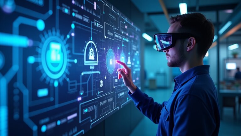 Un uomo che indossa occhiali VR interagisce con un grande touchscreen digitale su cui vengono visualizzati vari dati futuristici e icone dell'Intelligenza Artificiale per la Manifattura in un moderno ambiente d'ufficio.