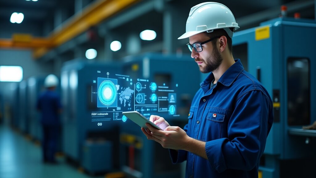 Un uomo con indosso un equipaggiamento di sicurezza utilizza un tablet in uno stabilimento industriale, mentre dati digitali e grafici tecnici sull'intelligenza artificiale manutenzione vengono visualizzati nell'aria accanto a lui.