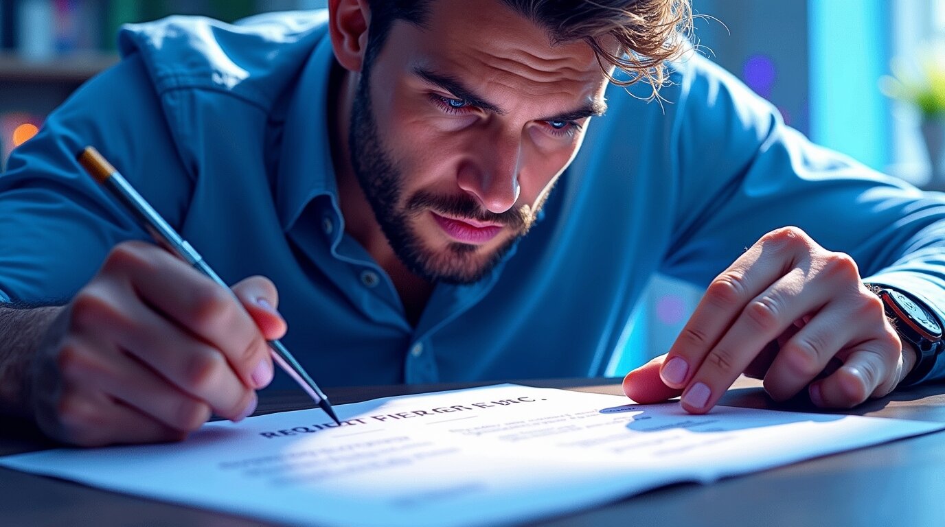 Un uomo con un'espressione seria esamina attentamente e annota un documento stampato su una scrivania, tenendo in mano una penna e concentrandosi intensamente mentre si prepara a chiedere referenze per scopi di referral marketing.