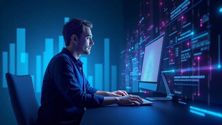 Un uomo è seduto alla scrivania e lavora al computer, con dati digitali e grafici visualizzati sugli schermi in un ufficio moderno e buio, sfruttando in modo efficiente l' Intelligenza Artificiale per scrivere contenuti.