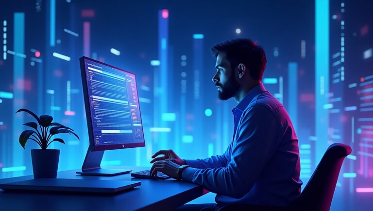 Un uomo è seduto alla scrivania e lavora su un computer che visualizza il codice con Copilot per la programmazione, circondato da una grafica digitale luminosa in un ambiente moderno e futuristico.