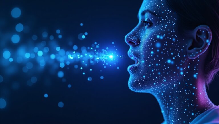 Un volto di donna di profilo con punti e particelle blu luminosi, che illustrano la voce o le onde sonore che emanano dalla sua bocca, a simboleggiare il riconoscimento vocale su uno sfondo scuro a tema digitale.