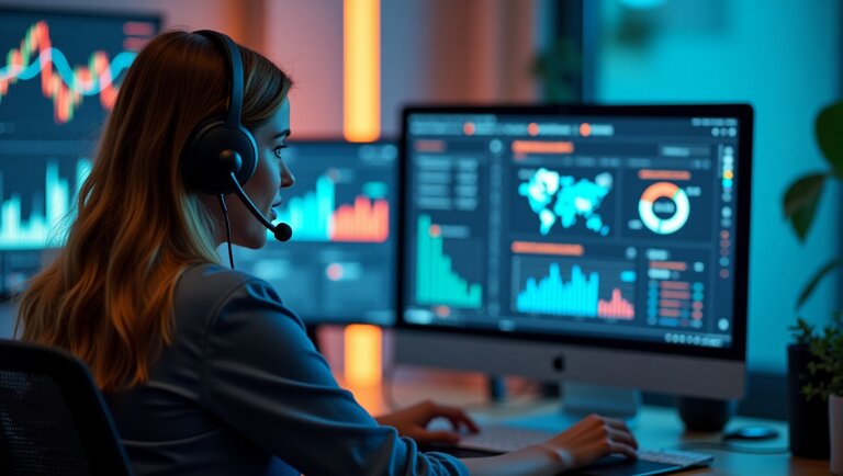 Una donna che indossa un visore lavora a una scrivania con più monitor che mostrano grafici e visualizzazioni di dati, dimostrando efficienza nell'assistenza clienti e utilizzando il chatbot assistenza clienti in un moderno ambiente d'ufficio.