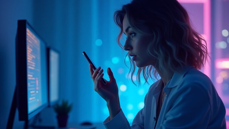 Una donna con una camicia bianca è seduta alla scrivania con un computer e tiene in mano uno smartphone mentre legge uno script di vendita telefonica, circondata da luci blu e rosa nella stanza scarsamente illuminata.