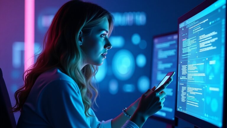 Una donna guarda gli schermi dei computer che visualizzano il codice, rivedendo uno script di vendita sul suo smartphone in uno spazio di lavoro high-tech scarsamente illuminato da luci blu e viola.