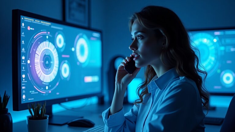 Una donna in un ufficio illuminato da luci blu parla al telefono mentre analizza le visualizzazioni dei dati sui grandi schermi dei computer, esplorando come un chatbot servizio clienti possa migliorare l'assistenza clienti.