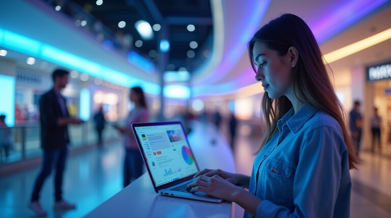 Una donna utilizza un computer portatile su cui vengono visualizzati grafici, diagrammi e Recensioni Clienti e Testimonianze in un centro commerciale moderno e ben illuminato, con persone che camminano sullo sfondo.