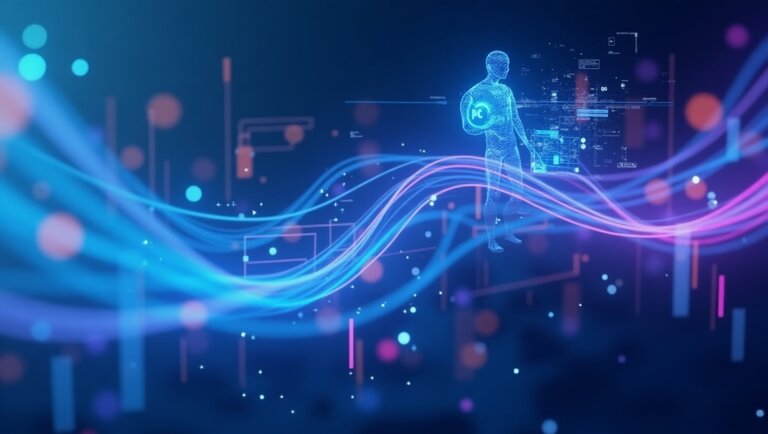 Una figura umana digitale con elementi di dati è in piedi in mezzo a onde luminose blu e rosa che scorrono su uno sfondo scuro, evocando tecnologia, connettività e Intelligenza Artificiale per la Salute.