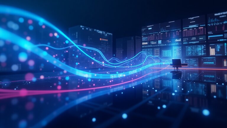Una moderna sala di controllo con più schermi dati e linee luminose colorate che rappresentano il flusso di dati digitali, evidenziando parametri in tempo reale come il costo di acquisizione cliente (CAC), con un'unica sedia di fronte ai monitor.