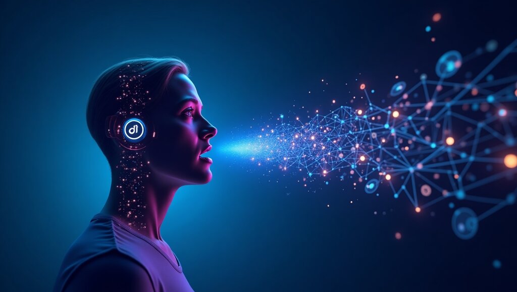 Una persona che indossa delle cuffie futuristiche parla, generando una rete digitale di dati e connessioni, che simboleggia un agente vocale AI e un'elaborazione avanzata del linguaggio naturale.