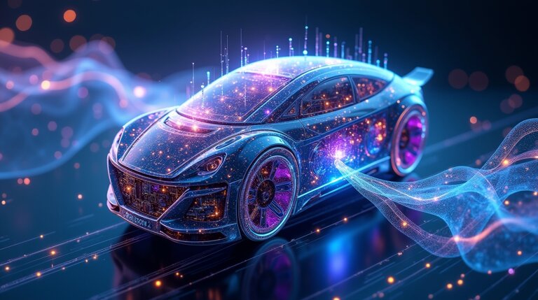 Un'auto futuristica e luminosa, con motivi digitali e luci al neon, circondata da onde olografiche astratte, suggerisce il concetto di intellignza artificiale per creare immagini