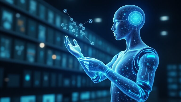 Un'illustrazione digitale di un robot umanoide che interagisce con una rete mobile di icone di e-commerce, su uno sfondo di server di dati, che mette in evidenza strumenti avanzati per coinvolgere i clienti e incrementare le vendite.