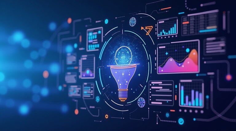 Un'illustrazione digitale di una lampadina accesa circondata da diagrammi di dati, grafici ed elementi di interfaccia, che simboleggiano innovazione, analisi dei dati ed efficaci strategie di fidelizzazione in un contesto tecnologico.