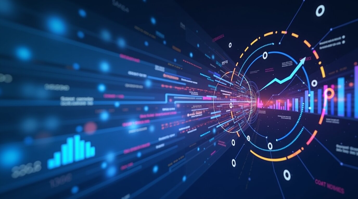 Un'illustrazione digitale di visualizzazioni dinamiche di dati, tra cui grafici, grafici a barre e indicatori numerici, su uno sfondo scuro per rappresentare il modo in cui Intelligenza Artificiale promuove il vantaggio competitivo nell'analisi dei dati.