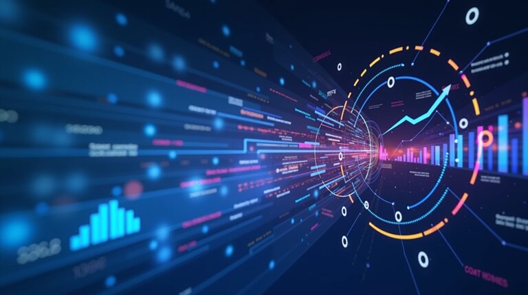 Un'illustrazione digitale di visualizzazioni dinamiche di dati, tra cui grafici, grafici a barre e indicatori numerici, su uno sfondo scuro per rappresentare il modo in cui Intelligenza Artificiale promuove il vantaggio competitivo nell'analisi dei dati.