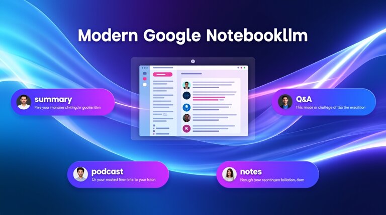 A digital image shows "Modern Notebook by Google" with icons for summary, podcasts, Q&A, and notes surrounding a stylized notebook interface on a wavy blue and purple background.